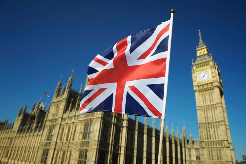British flag waving at Houses of Parliament and Big Ben London
