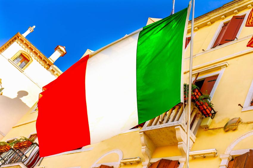 Italian flag outside building in Venice, Italy
